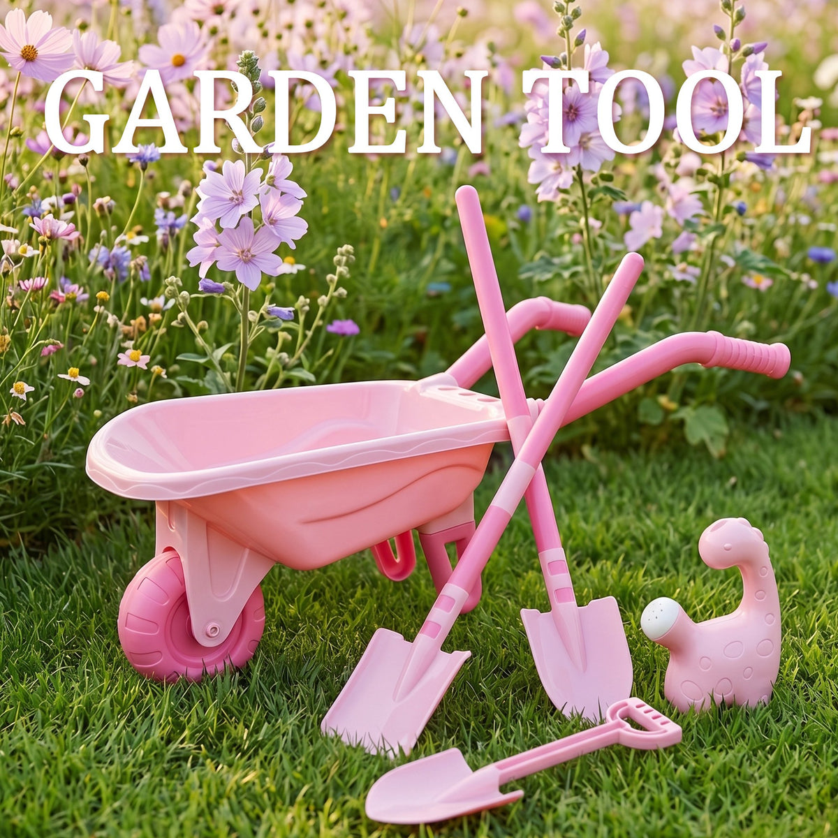 SaveJoy Kids Gardening Tools Set, Pink Toddler Garden Outdoor Toys, Kids Wheelbarrow with Watering Can, Shovel, Rake, Hoe, Outdoor Toys for Kids Age 4-8,Pink