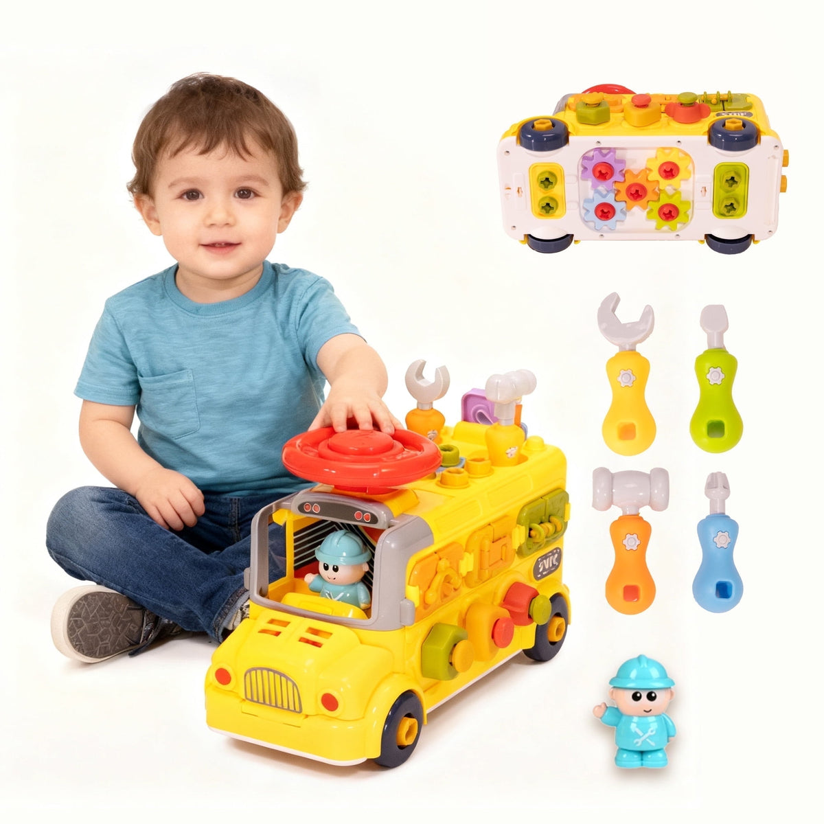 SaveJoy 6-in-1 Montessori Busy Bus Toy, Educational Learning Toddler Tool Car for Age 3+