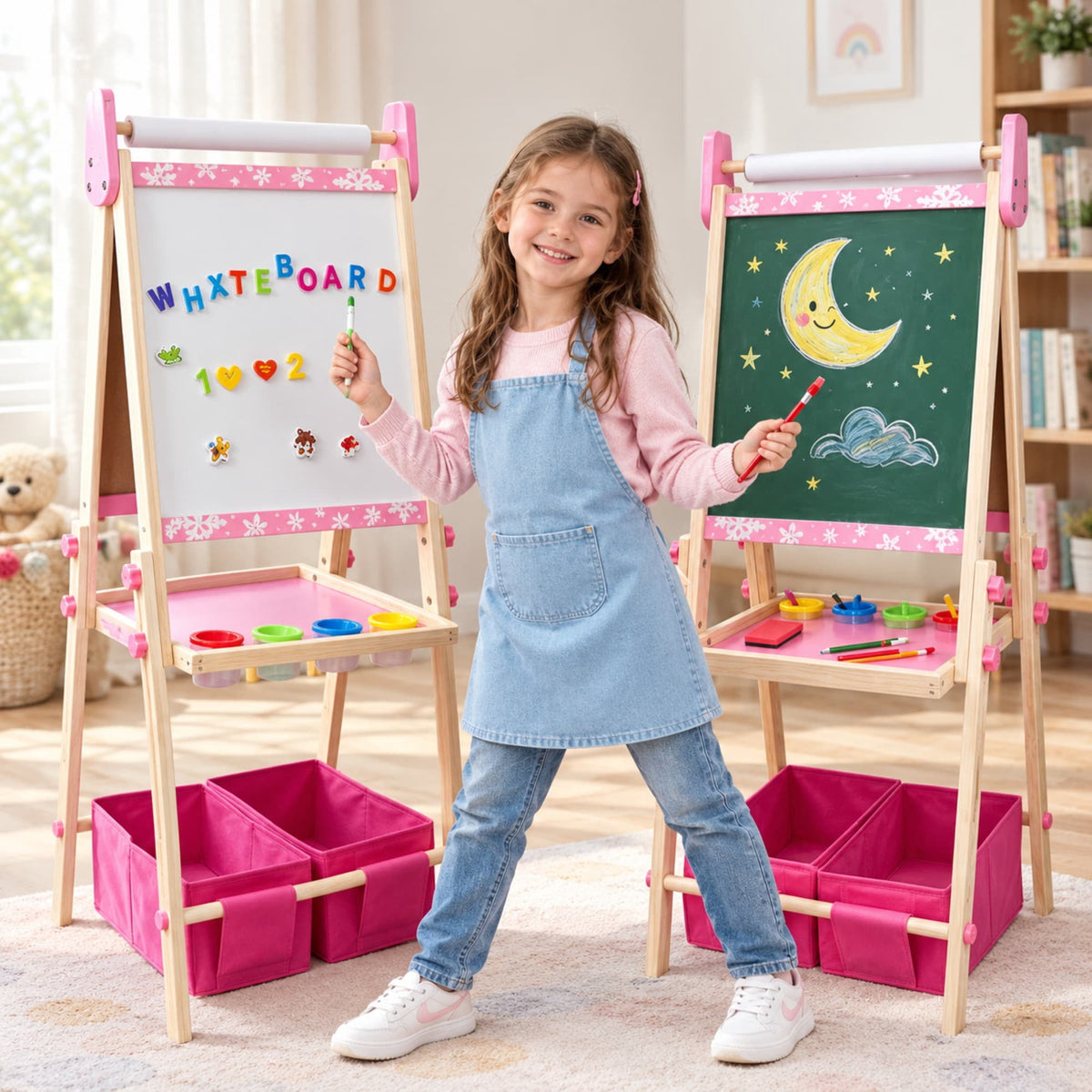 SaveJoy Kids Art Easel 3-in-1 Wooden Double Sided ,Magnetic Whiteboard, Adjustable Standing Drawing Board with Accessories for Boys & Girls,Pink