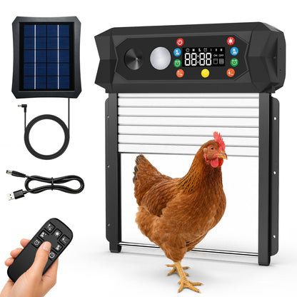 SaveJoy Automatic Chicken Coop Door with Ultrasonic Predator Deterrent, Solar or Plug-in Power, Anti-Pinch Protection, LED Display, All-Weather Design for Safe and Convenient Poultry Care