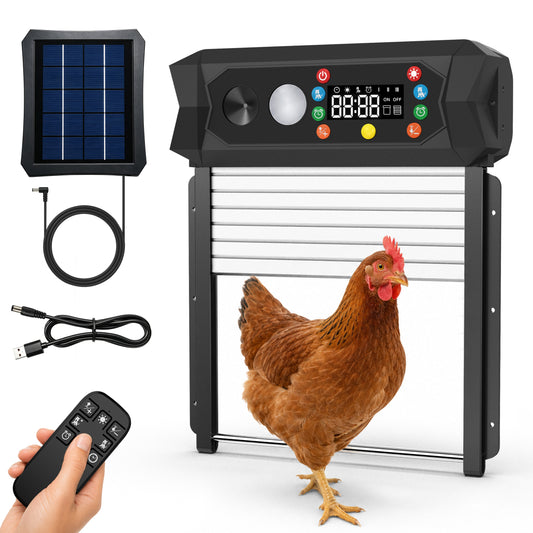 SaveJoy Automatic Chicken Coop Door with Ultrasonic Predator Deterrent, Solar or Plug-in Power, Anti-Pinch Protection, LED Display, All-Weather Design for Safe and Convenient Poultry Care