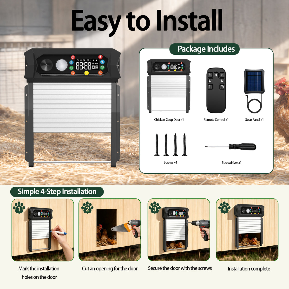SaveJoy Automatic Chicken Coop Door with Ultrasonic Predator Deterrent, Solar or Plug-in Power, Anti-Pinch Protection, LED Display, All-Weather Design for Safe and Convenient Poultry Care