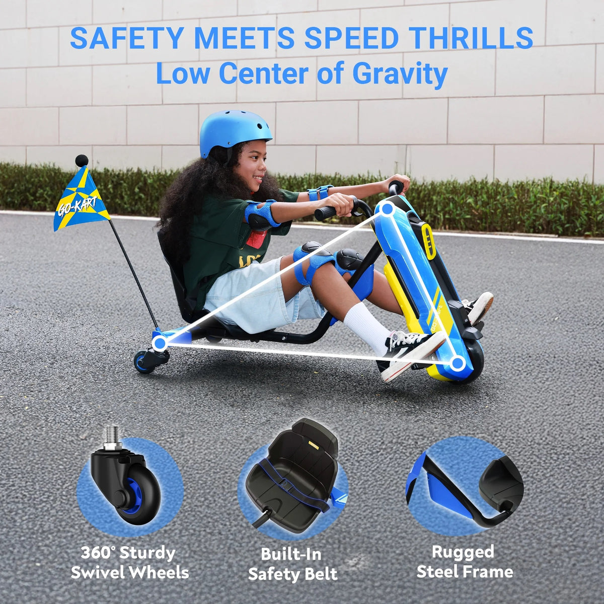 ORFELD 24V Kids Electric Go Kart,High-Power Battery Ride-On Toy with Safety Belt,Outdoor Drift Cart for Ages 6+,Ideal Gift for Boys & Girls,Blue