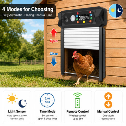SaveJoy Automatic Chicken Coop Door with Ultrasonic Predator Deterrent, Solar or Plug-in Power, Anti-Pinch Protection, LED Display, All-Weather Design for Safe and Convenient Poultry Care