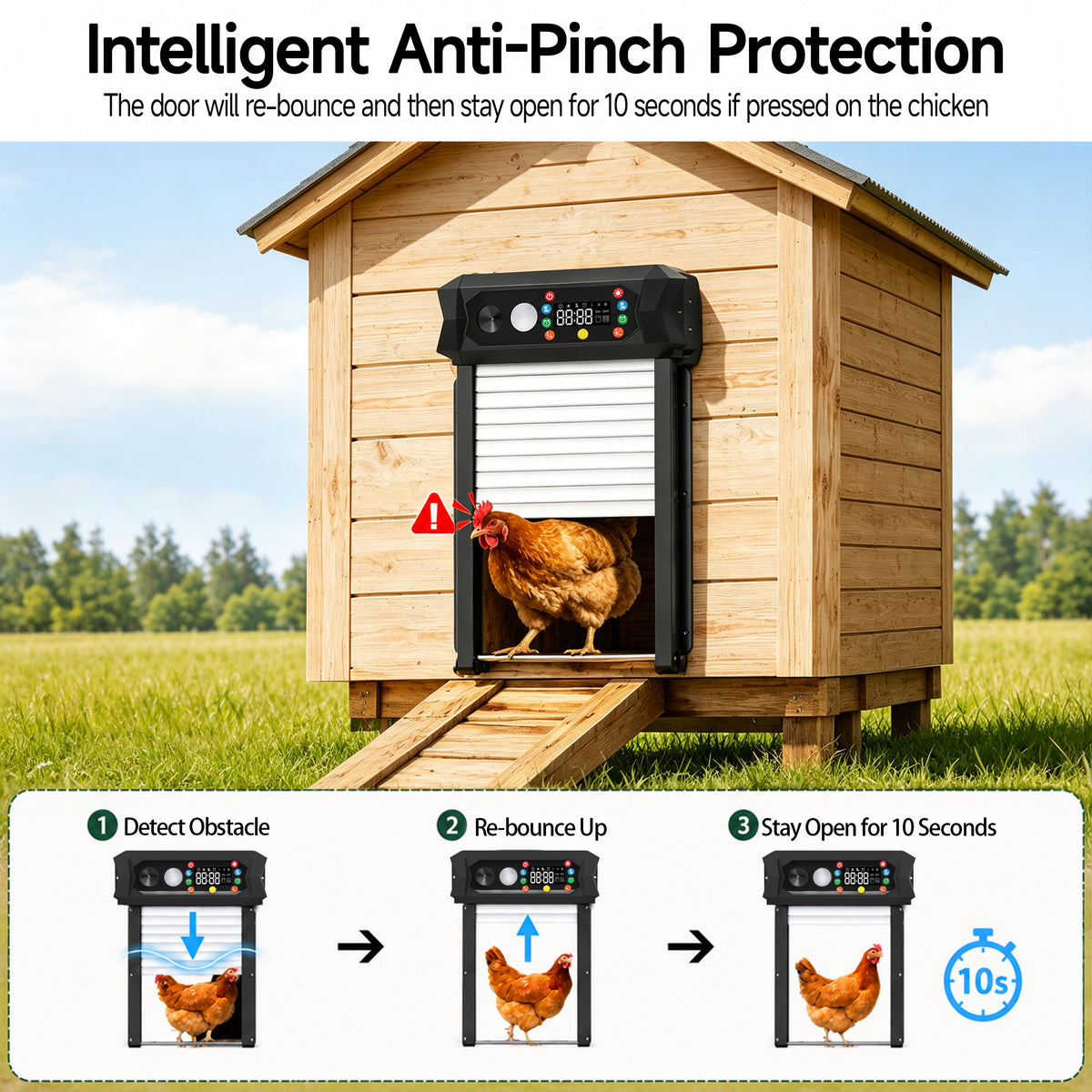 SaveJoy Automatic Chicken Coop Door with Ultrasonic Predator Deterrent, Solar or Plug-in Power, Anti-Pinch Protection, LED Display, All-Weather Design for Safe and Convenient Poultry Care