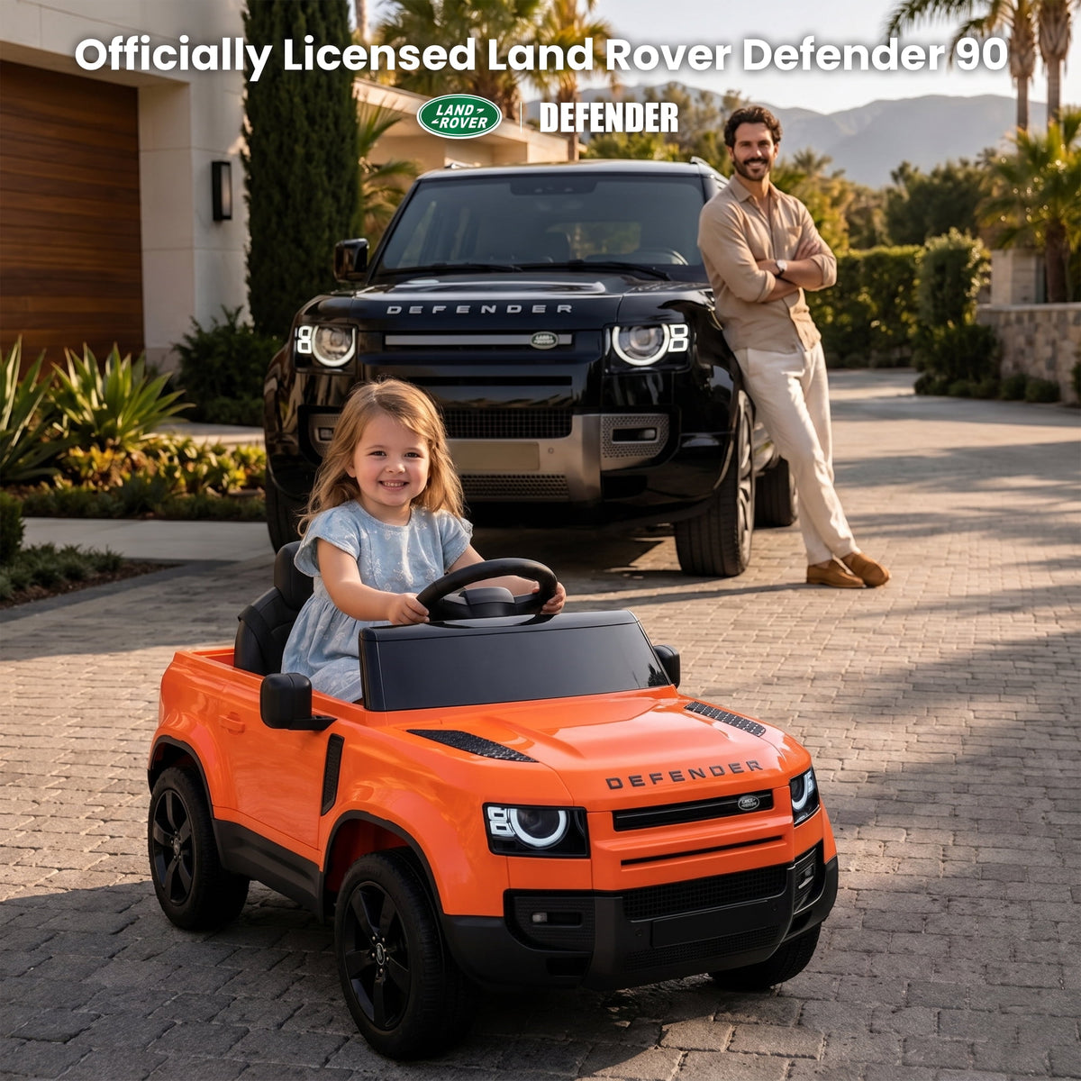SaveJoy 12V Licensed Land Rover Defender Ride on Car, Electric Truck for Kids with 2.4G Remote Control, 3-Point Belt, Spring Suspension, Bluetooth, Orange
