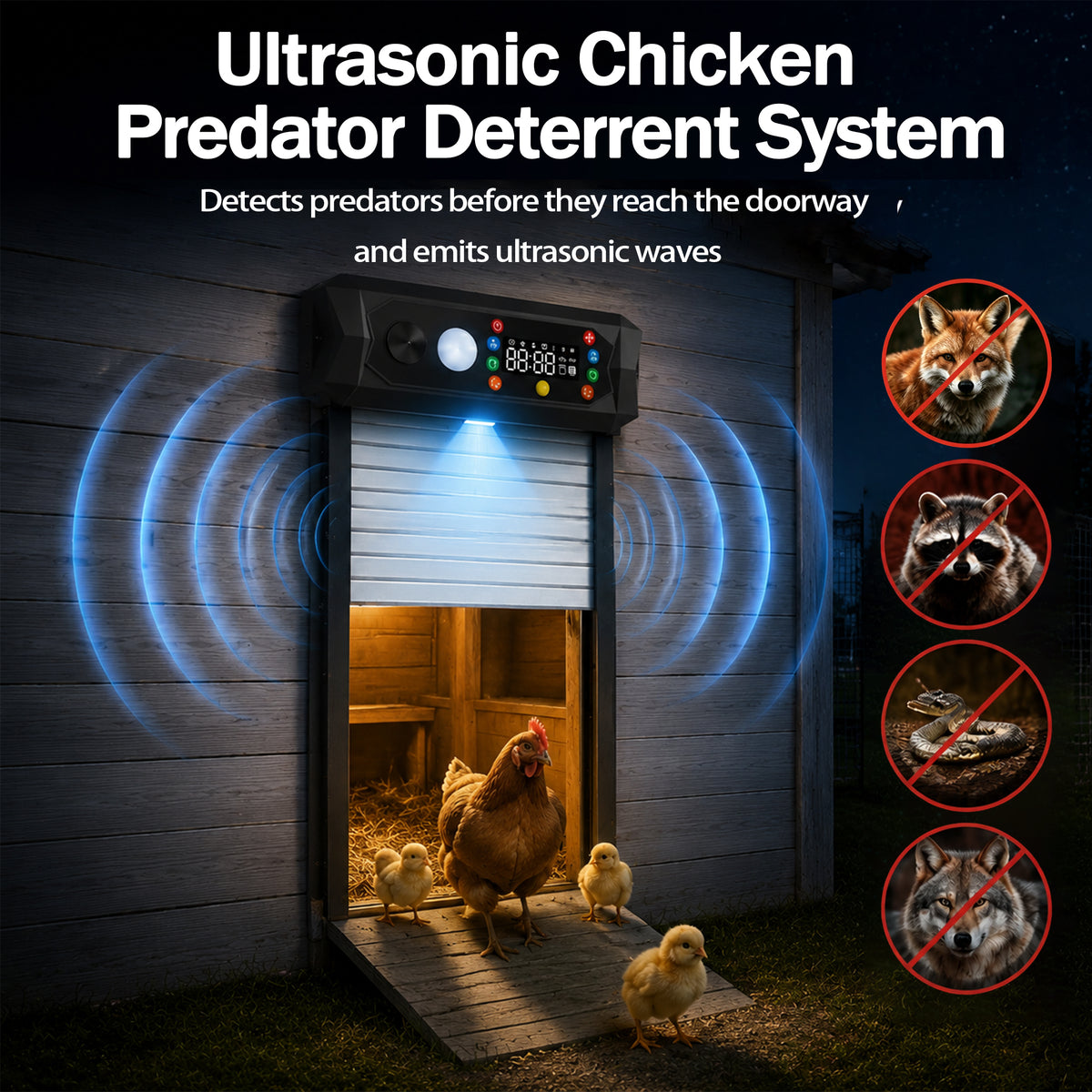 SaveJoy Automatic Chicken Coop Door with Ultrasonic Predator Deterrent, Solar or Plug-in Power, Anti-Pinch Protection, LED Display, All-Weather Design for Safe and Convenient Poultry Care