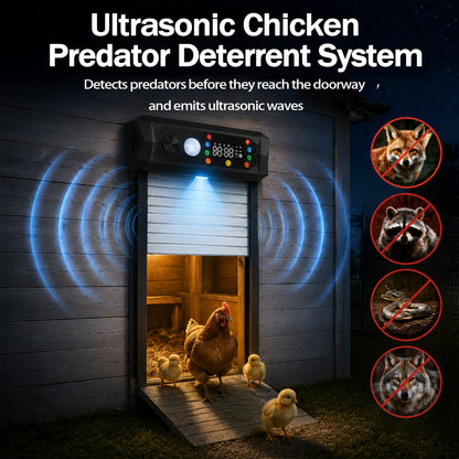 SaveJoy Automatic Chicken Coop Door with Ultrasonic Predator Deterrent, Solar or Plug-in Power, Anti-Pinch Protection, LED Display, All-Weather Design for Safe and Convenient Poultry Care