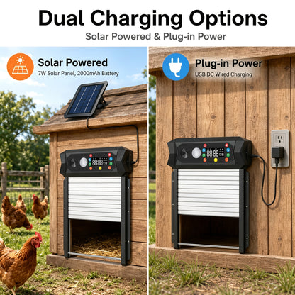 SaveJoy Automatic Chicken Coop Door with Ultrasonic Predator Deterrent, Solar or Plug-in Power, Anti-Pinch Protection, LED Display, All-Weather Design for Safe and Convenient Poultry Care