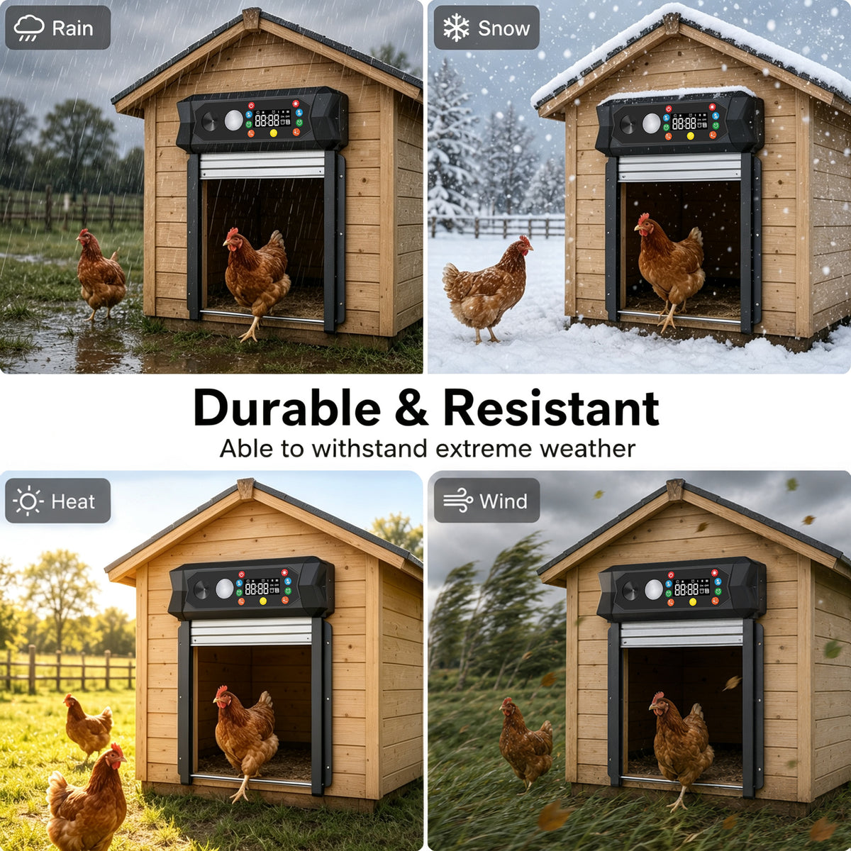SaveJoy Automatic Chicken Coop Door with Ultrasonic Predator Deterrent, Solar or Plug-in Power, Anti-Pinch Protection, LED Display, All-Weather Design for Safe and Convenient Poultry Care