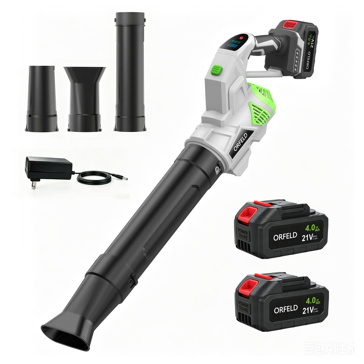 ORFELD 21V Cordless Swivel Leaf Blower, Electric Blower with 80mm Outlet, 2×4.0Ah Batteries & Charger, 3-Speed Modes, Portable Blower for Lawn, Leaf, Patio & Dust Cleaning