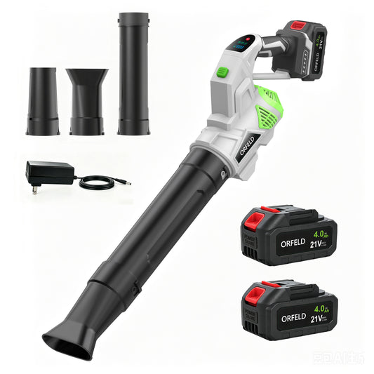 ORFELD 21V Cordless Swivel Leaf Blower, Electric Blower with 80mm Outlet, 2×4.0Ah Batteries & Charger, 3-Speed Modes, Portable Blower for Lawn, Leaf, Patio & Dust Cleaning