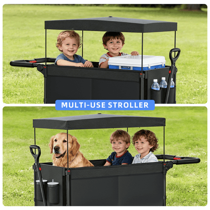 SaveJoy Wagon Stroller, Collapsible Stroller Wagon for 2 Passenger with Adjustable Canopy & 5-Point Harness, Black