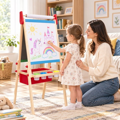 SaveJoy Kids Wooden Art Easel, 3-in-1 Double-Sided Height Adjustable Standing Drawing Board with Painting Accessories for Boys and Girls, Red