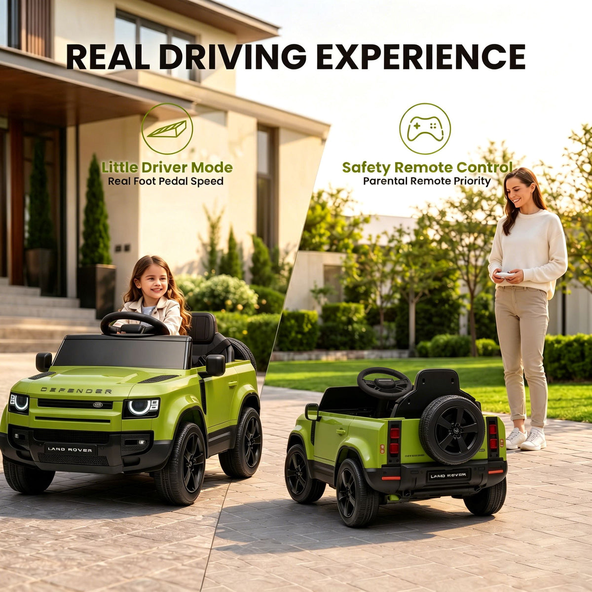 SaveJoy 12V Licensed Land Rover Defender Ride on Car, Electric Truck for Kids with 2.4G Remote Control, 3-Point Belt, Spring Suspension, Bluetooth, Green