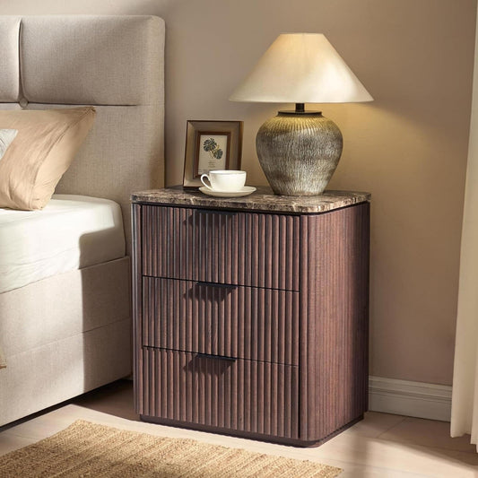 Hvoonc 25.3"H Wood Fluted Modern Nightstand with 3 Drawer and Faux Marble Top, Wanut Bedside Table with Gold Handles, Large Storage End Table for Bedroom