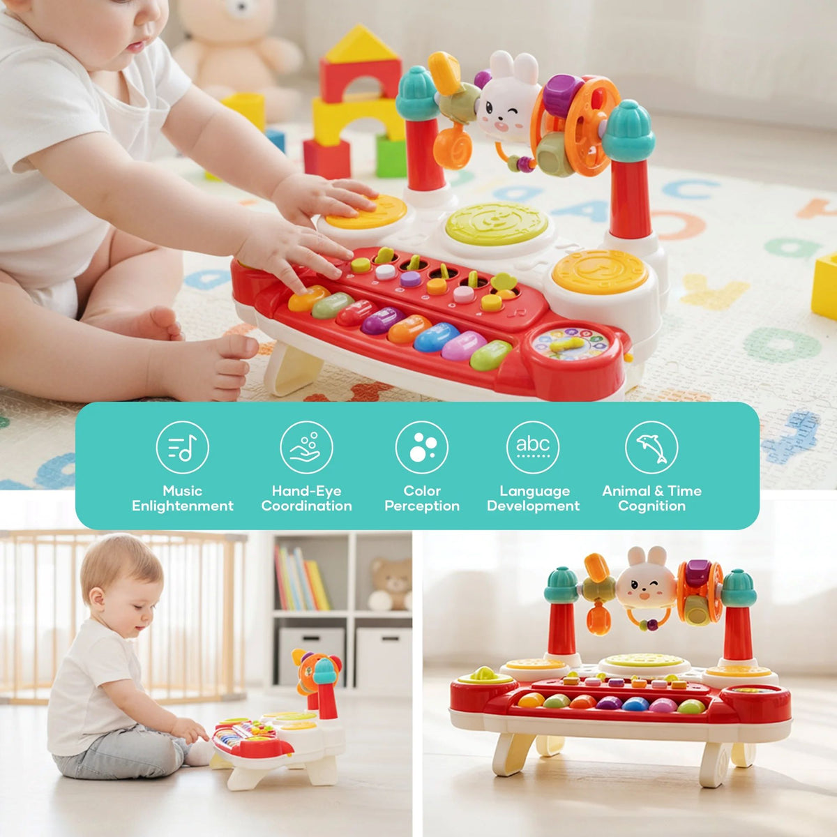 SaveJoy Baby Musical Toys 10 in 1 Piano Keyboard Drum Set for Toddler 12-24 Months,Early Educational Kids Gift,Electronic Learning Toy,Red