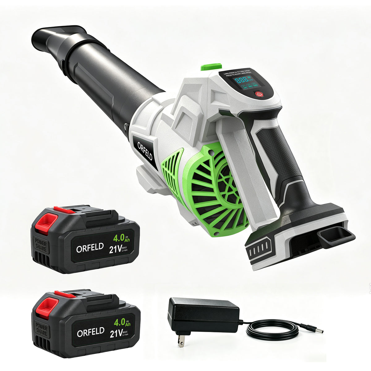 ORFELD 21V Cordless Swivel Leaf Blower, Electric Blower with 80mm Outlet, 2×4.0Ah Batteries & Charger, 3-Speed Modes, Portable Blower for Lawn, Leaf, Patio & Dust Cleaning