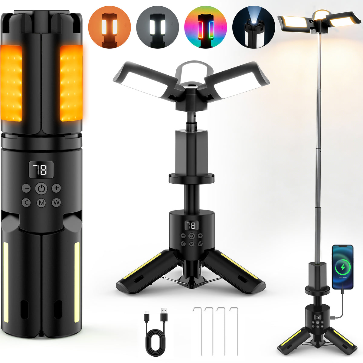 SaveJoy Rechargeable Camping Light, Outdoor Work Light LED Flashlight with 8 Modes, Foldable Working Lantern with Detachable Tripod for Camping Hiking