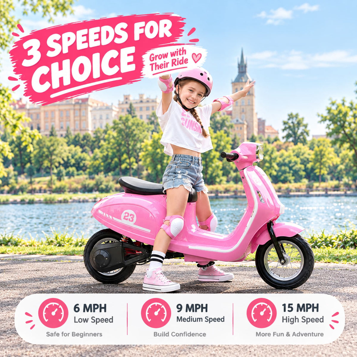 SaveJoy Kids Motorcycle 24V Retro Ride on Toys for Ages 8+, 15 mph LED Light up Electric Ride On Car,Durable Outdoor Gift for Boys & Girls,Pink