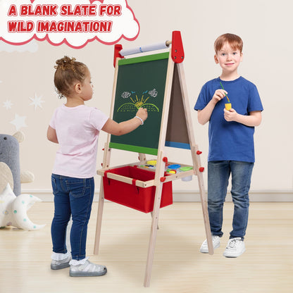 SaveJoy 3-in-1 Wooden Double Sided Kids Art Easel,Adjustable Standing Drawing Board with Accessories for Boys & Girls,Red