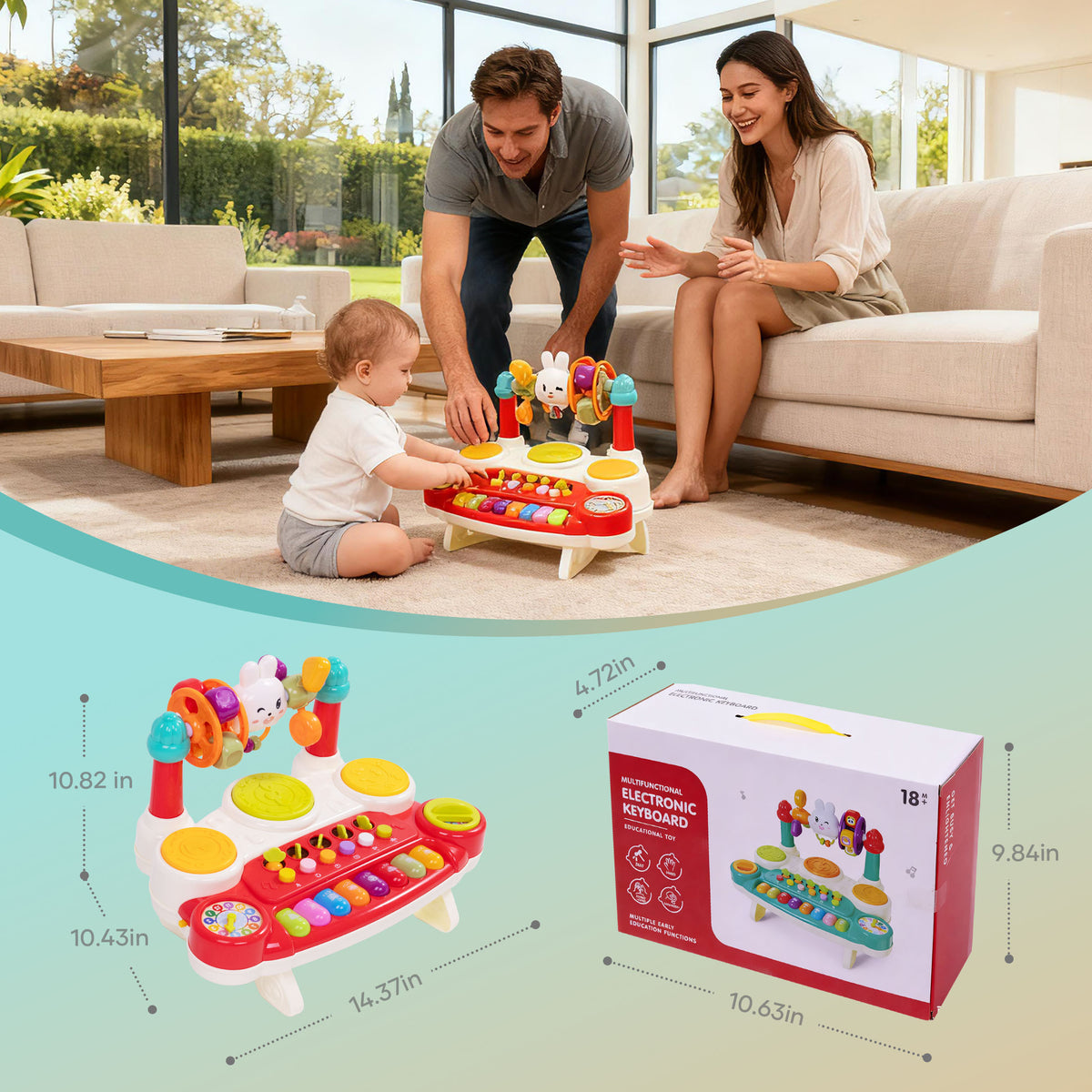 SaveJoy Baby Musical Toys 10 in 1 Piano Keyboard Drum Set for Toddler 12-24 Months,Early Educational Kids Gift,Electronic Learning Toy,Red
