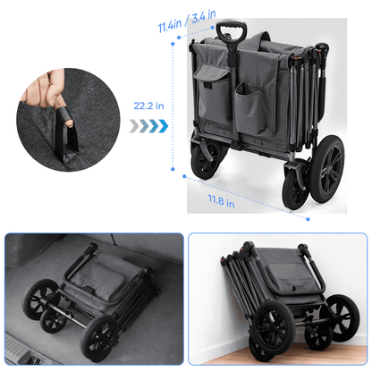 SaveJoy Wagon Stroller, Collapsible Stroller Wagon for 4 Passenger with Adjustable Canopy & 5-Point Harness, Black
