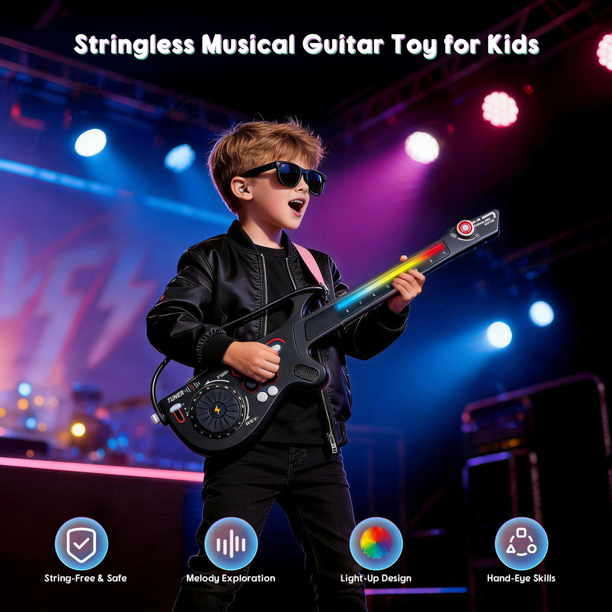 SaveJoy Kids Guitar Toy Multi-Functional Electric Guitar with Light & DJ Turntable,Rechargeable Bluetooth Musical Instrument for Toddlers Ages 3-7, Perfect Gift for Boys & Girls