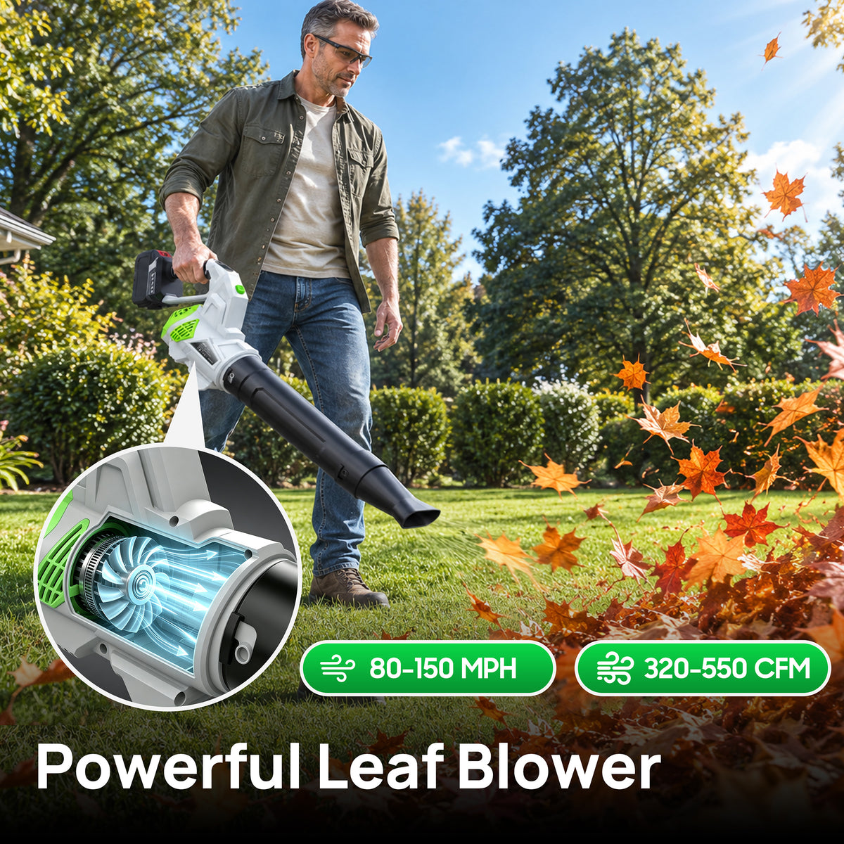 ORFELD 21V Cordless Swivel Leaf Blower, Electric Blower with 80mm Outlet, 2×4.0Ah Batteries & Charger, 3-Speed Modes, Portable Blower for Lawn, Leaf, Patio & Dust Cleaning