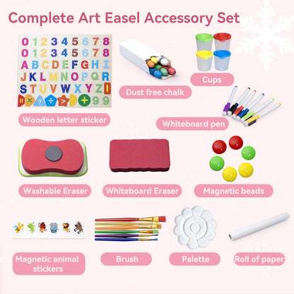 SaveJoy Kids Art Easel 3-in-1 Wooden Double Sided ,Magnetic Whiteboard, Adjustable Standing Drawing Board with Accessories for Boys & Girls,Pink