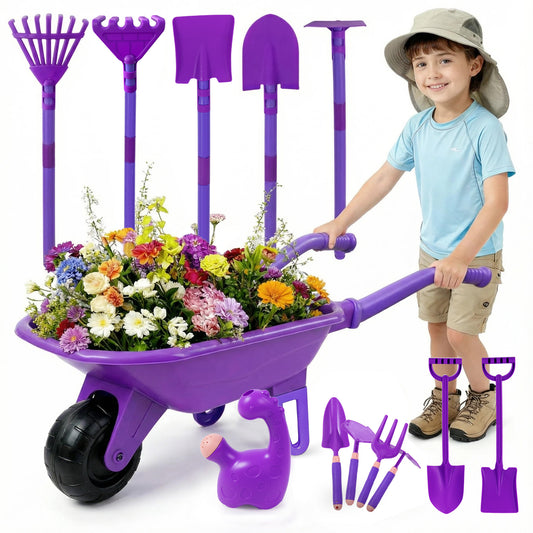 SaveJoy Kids Gardening Tools Set,Toddler Garden Outdoor Toys,Kids Wheelbarrow with Watering Can,Shovel,Rake,Hoe,outdoor toys for kids Age 4-8,Purle