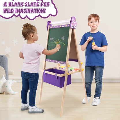 SaveJoy Kids Art Easel, Wooden 3-in-1 Double-Sided Adjustable Easel with Accessories, Purple, Ages 3+