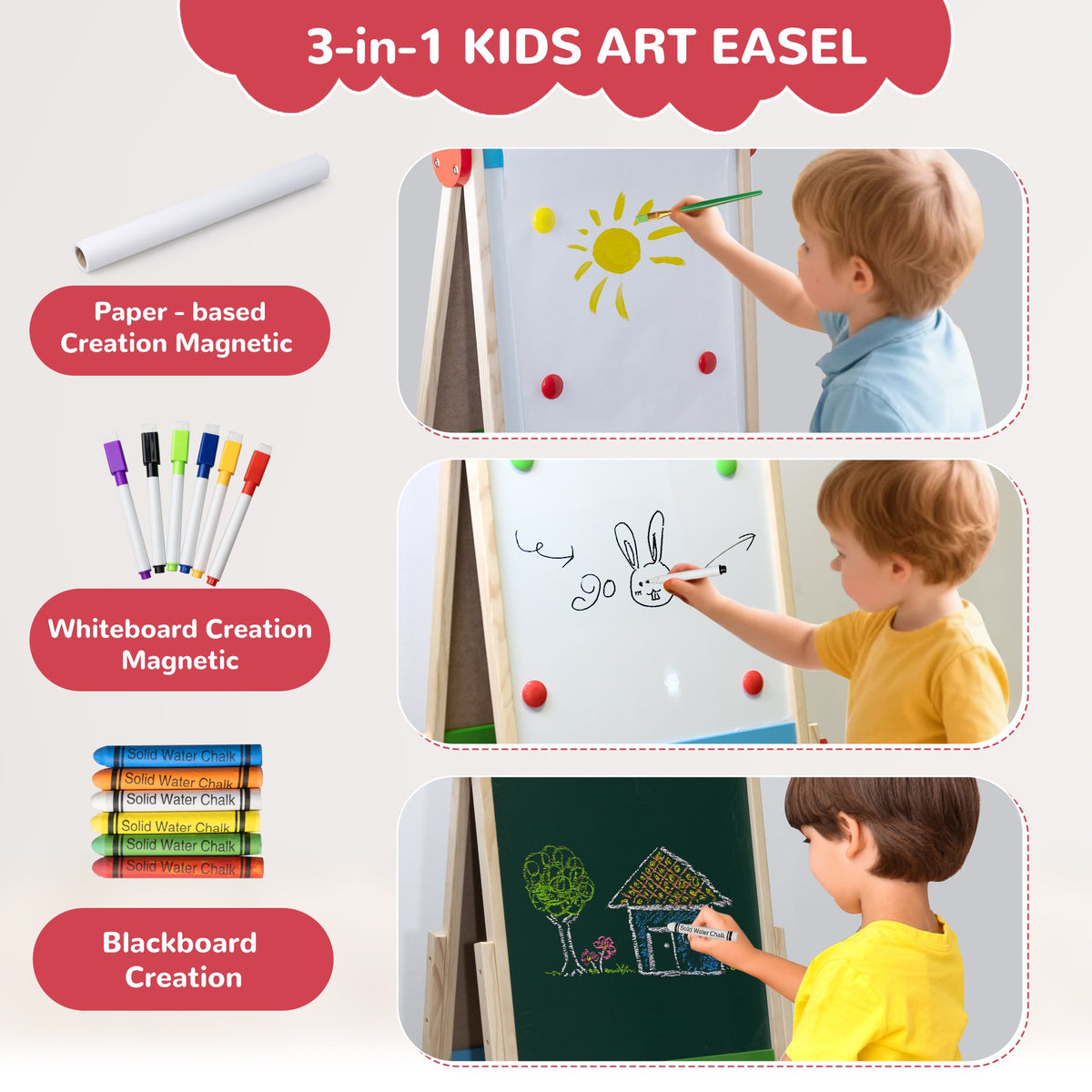 SaveJoy 3-in-1 Wooden Double Sided Kids Art Easel,Adjustable Standing Drawing Board with Accessories for Boys & Girls,Red