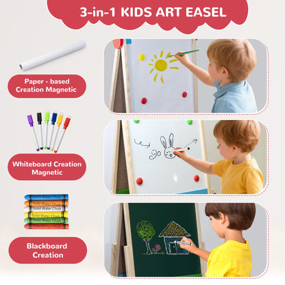 SaveJoy 3-in-1 Wooden Double Sided Kids Art Easel,Adjustable Standing Drawing Board with Accessories for Boys & Girls,Red