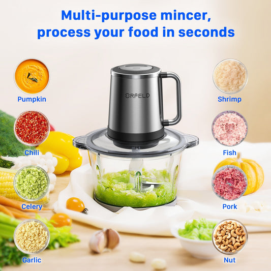 ORFELD Meat Grinder Electric Food Chopper, 2 Speeds 8 Cup Food Processor New, Silver