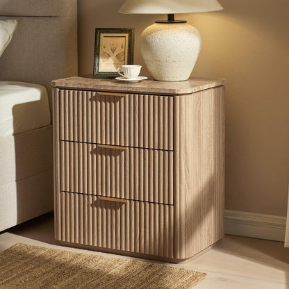 Hvoonc 25.3" Tall 3 Drawer Fluted Nightstand with Faux Marble Top, Modern Oak Bedside Table with Gold Handles, Large Storage End Table for Bedroom & Living Room
