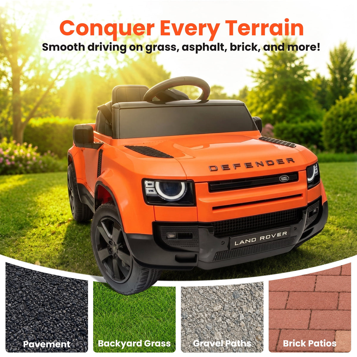 SaveJoy 12V Licensed Land Rover Defender Ride on Car, Electric Truck for Kids with 2.4G Remote Control, 3-Point Belt, Spring Suspension, Bluetooth, Orange