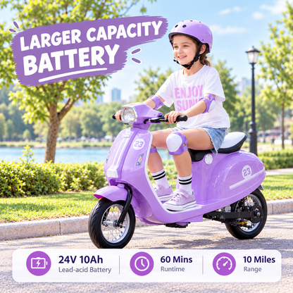 SaveJoy Kids Motorcycle 24V Retro Ride on for Ages 8+, LED Light-Up Electric Ride On Toy,Durable Outdoor Gift for Boys & Girls,Purple