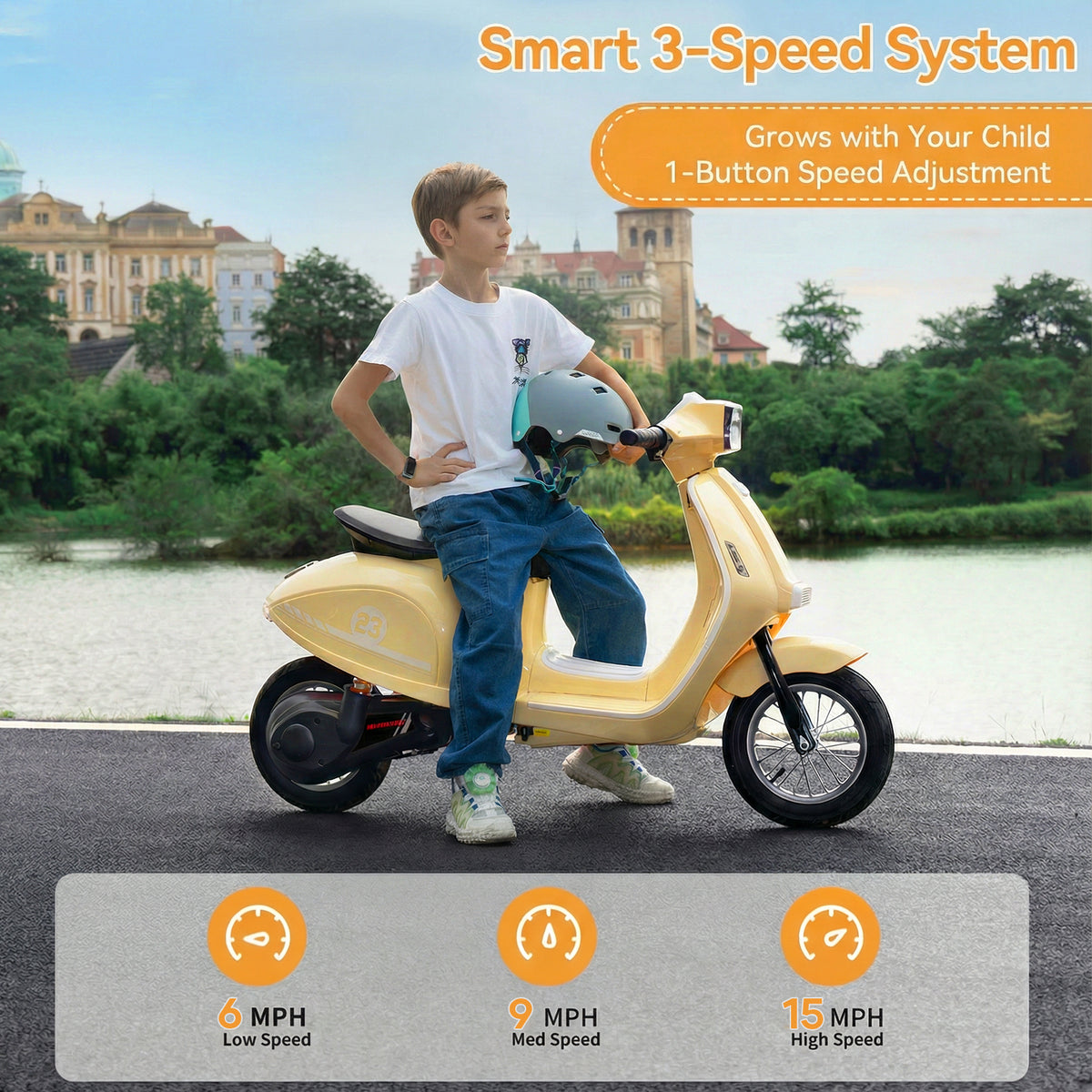 SaveJoy 24V Motorcycle for Kids Ages 8+ Retro Ride on Toys , LED Light-Up Electric Ride On Car,Durable Outdoor Gift for Boys & Girls, Beige