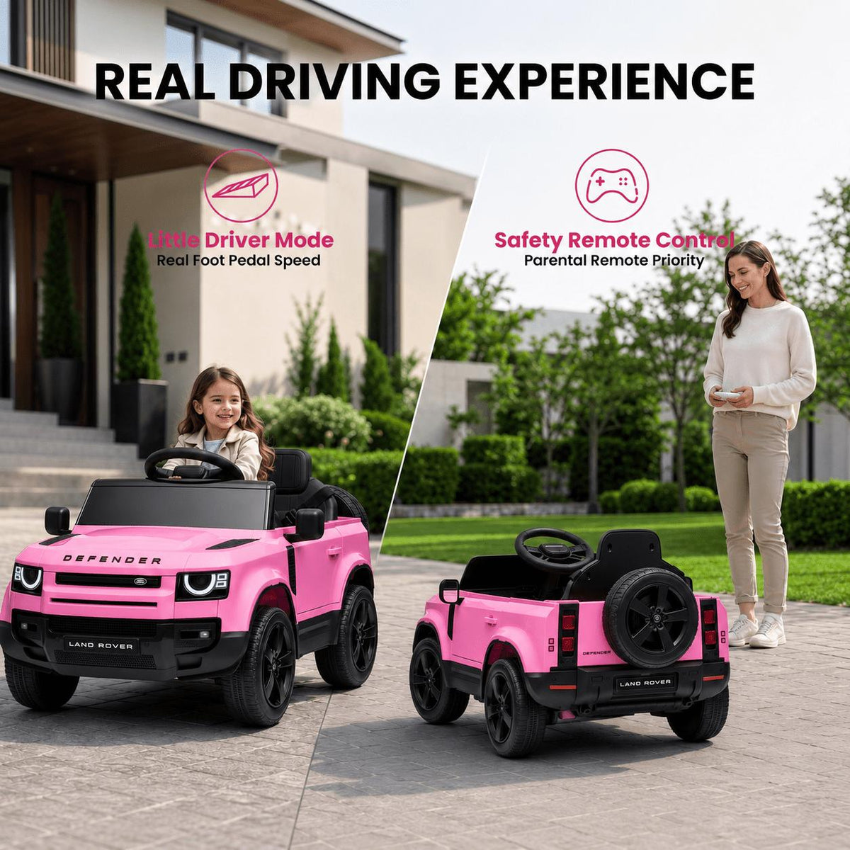 SaveJoy 12V Licensed Land Rover Defender Ride on Car, Electric Truck for Kids with 2.4G Remote Control, 3-Point Belt, Spring Suspension, Bluetooth, Pink