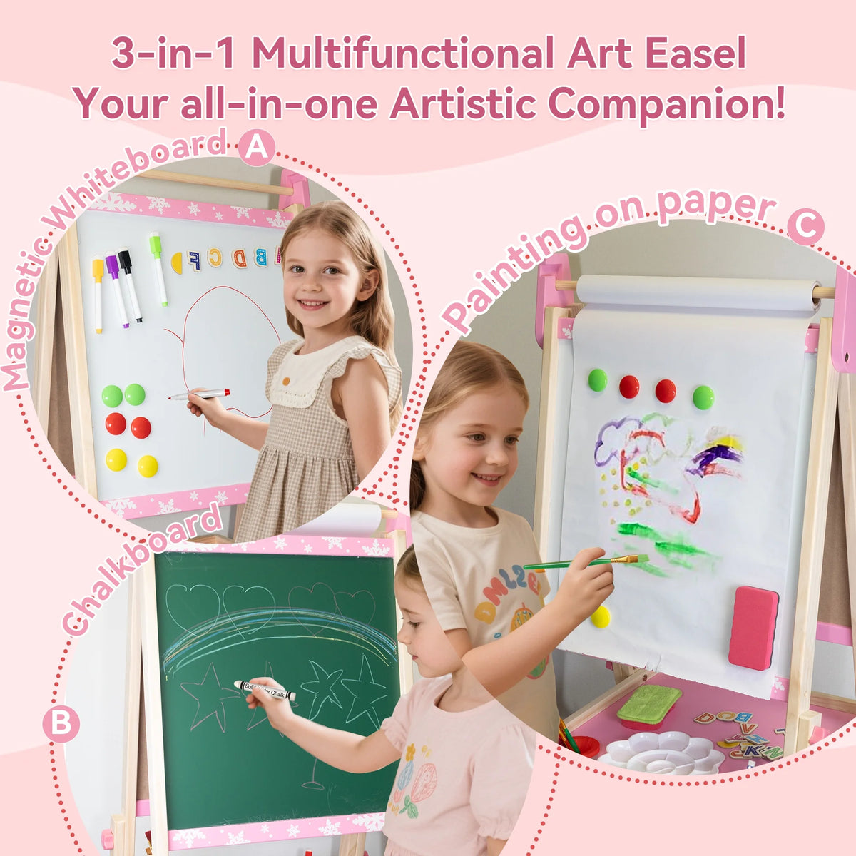 SaveJoy Kids Art Easel 3-in-1 Wooden Double Sided ,Magnetic Whiteboard, Adjustable Standing Drawing Board with Accessories for Boys & Girls,Pink
