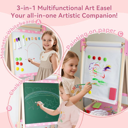 SaveJoy Kids Art Easel 3-in-1 Wooden Double Sided ,Magnetic Whiteboard, Adjustable Standing Drawing Board with Accessories for Boys & Girls,Pink