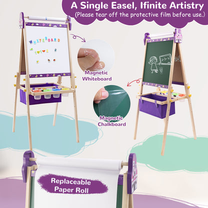 SaveJoy Kids Art Easel, Wooden 3-in-1 Double-Sided Adjustable Easel with Accessories, Purple, Ages 3+