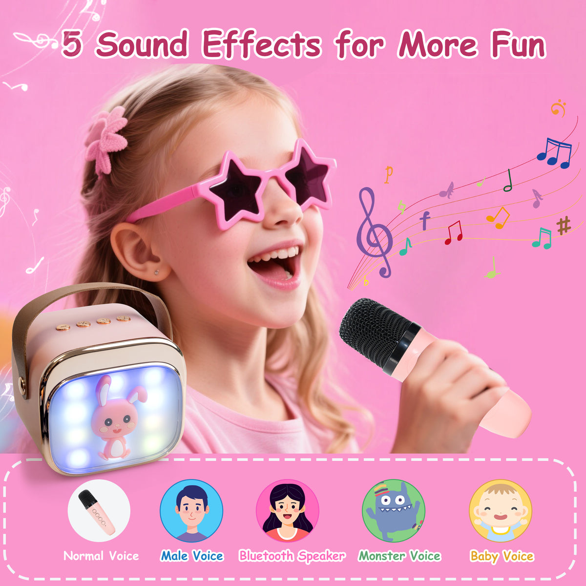 SaveJoy Karaoke Machine with 2 Microphone for Kids, Toddler Music Toys Connect with Bluetooth, 5 Sound Effects, Christmas Birthday Gifts for Ages 3-5-8