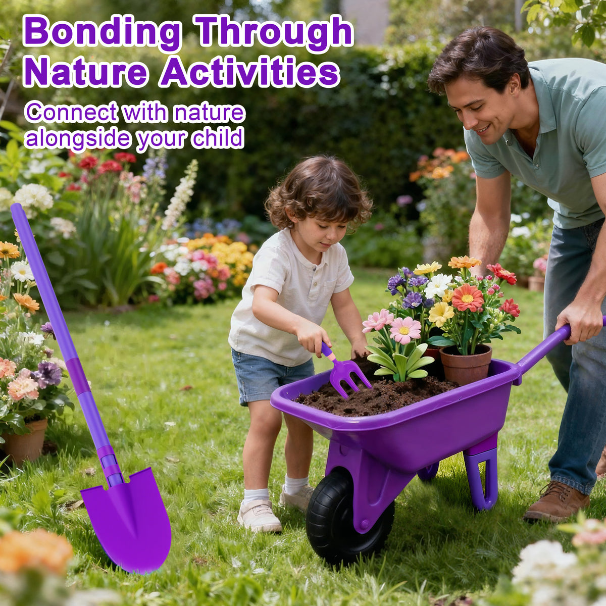 SaveJoy Kids Gardening Tools Set,Toddler Garden Outdoor Toys,Kids Wheelbarrow with Watering Can,Shovel,Rake,Hoe,outdoor toys for kids Age 4-8,Purle