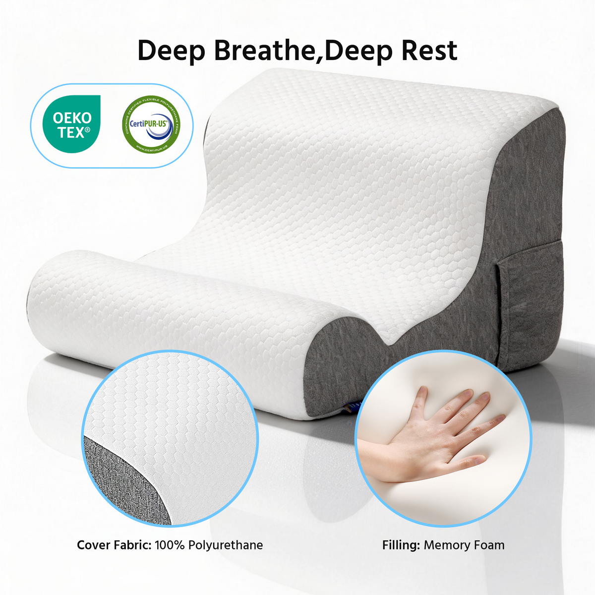 ORFELD Wedge Pillow for Sleeping,Resting,Back Pain Relief and Post Surgery,Memory Foam Cushion with Grey and White Patterned Polyester Cover, Ideal for Bedroom & Living Room,White