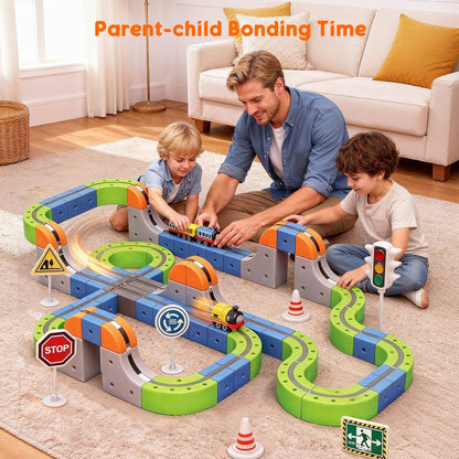SaveJoy Magnetic Car Toys, 126PCS DIY Race Car Track Building Kit with Electric Train & Traffic Signs,Educational Flexible Tracks Birthday for 3-8