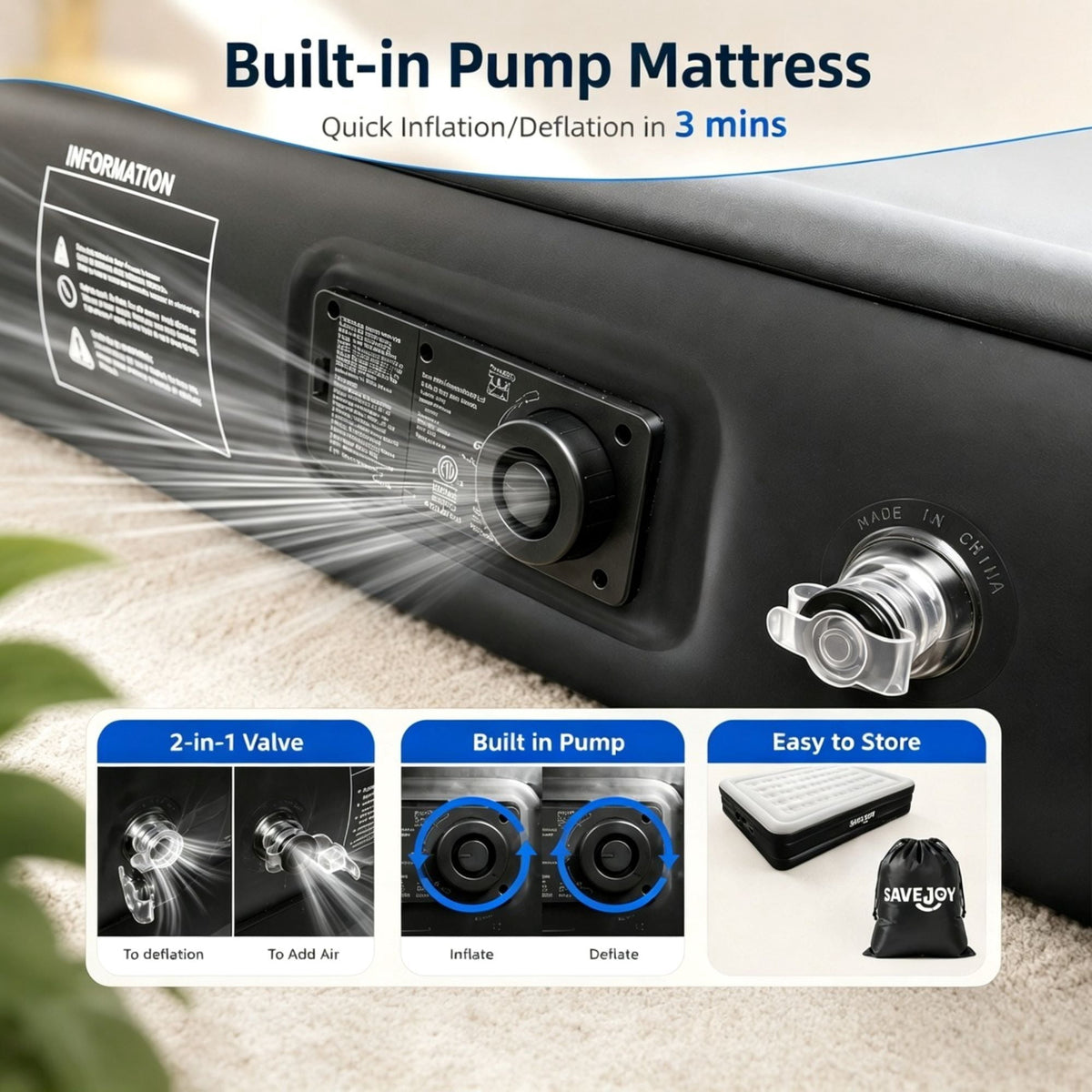 SaveJoy Queen Air Mattress with Built-in Pump, 18" Elevated Blow Up Bed for Home & Overnight Guests, Inflatable Mattress 2-Person Blow Up Air Bed with Flocked Top
