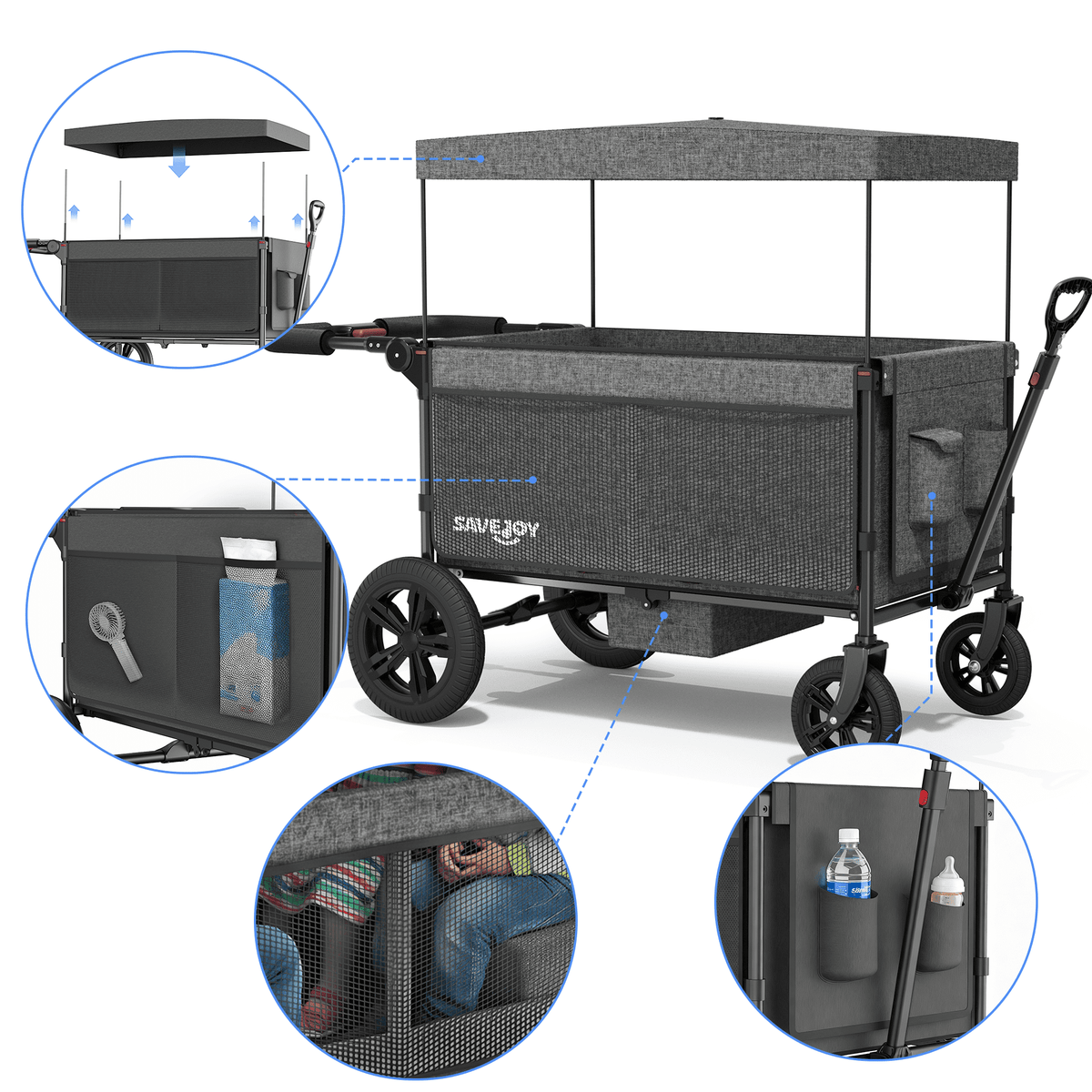 SaveJoy Wagon Stroller, Collapsible Stroller Wagon for 4 Passenger with Adjustable Canopy & 5-Point Harness, Black