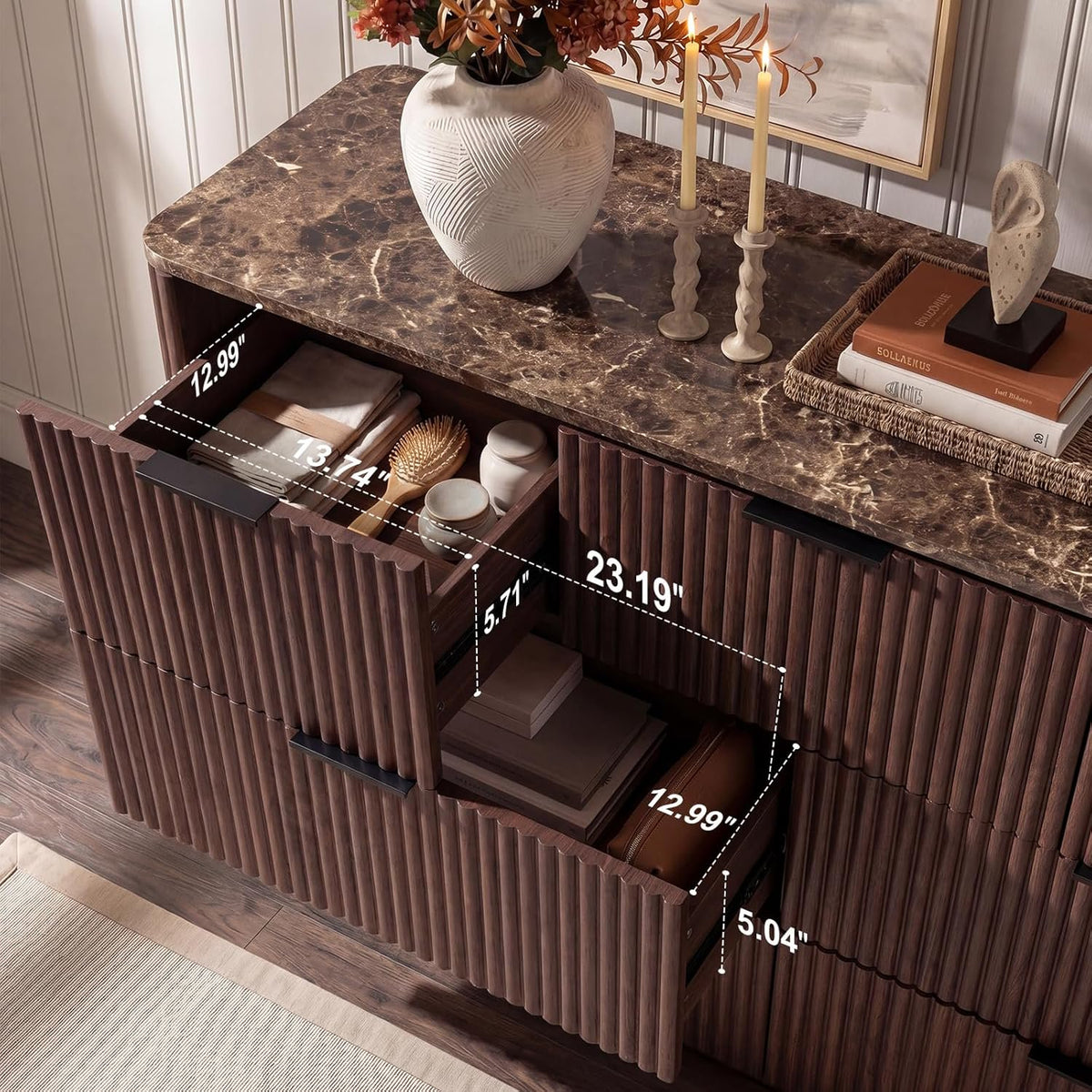 Hvoonc 54.5" Wide 7 Drawer Dresser for Bedroom, Faux Marble Top Walnut Storage Cabinet with 2" Thick Side Board